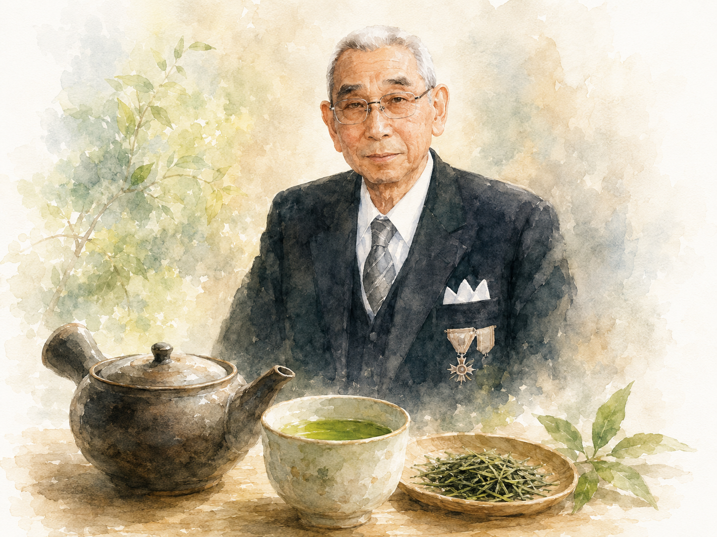名人憲太郎の肖像と急須、日本茶、茶葉を描いた水彩イメージ