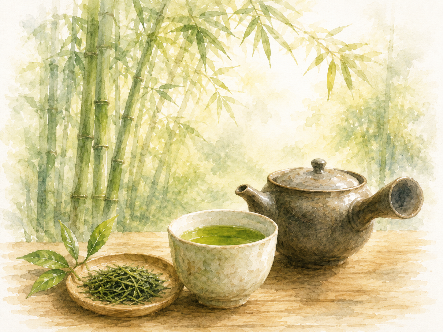 急須、日本茶、茶葉を描いたやわらかな水彩イラスト