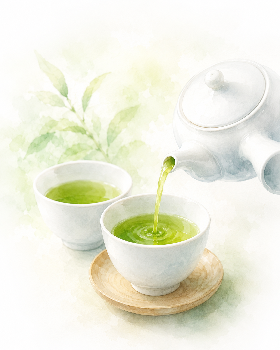 白磁の急須から湯のみへ日本茶を注ぐやわらかなイラスト