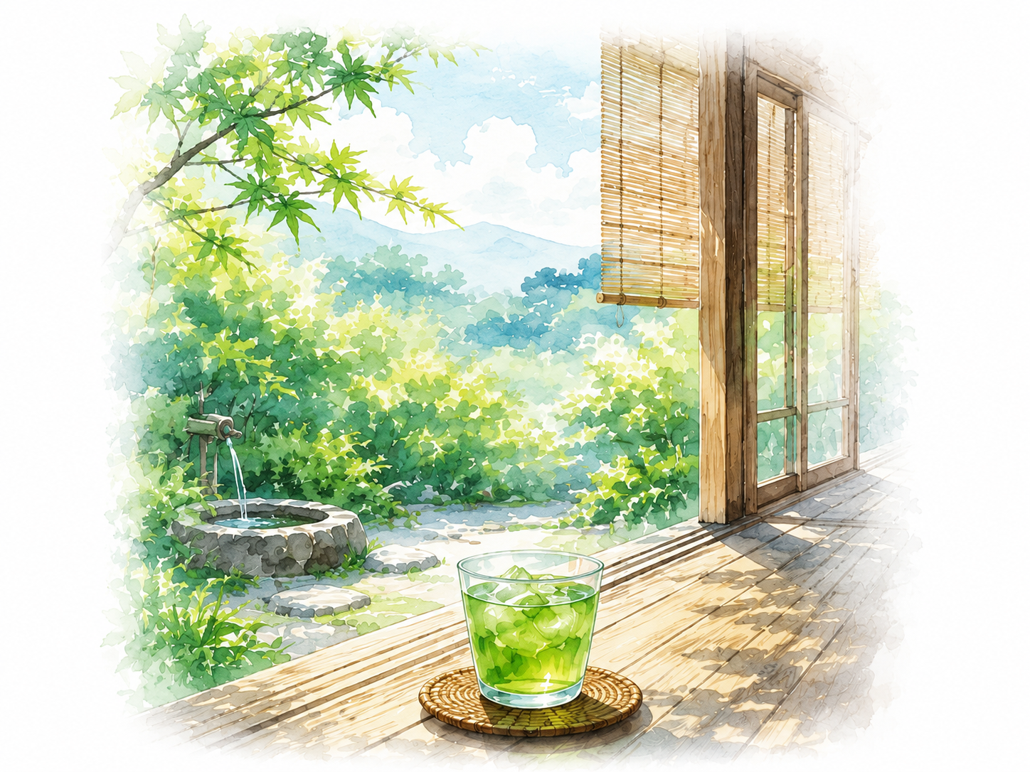 水出し煎茶を縁側で楽しむ夏の冷茶イメージ