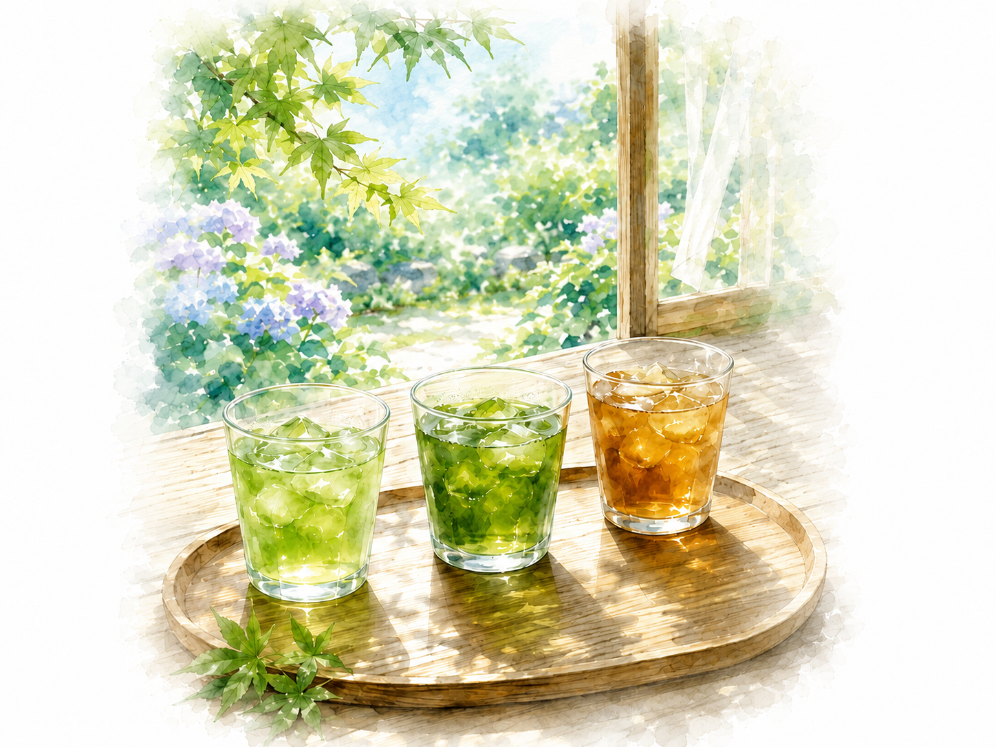 煎茶・玉露・ほうじ茶を水出しで楽しむ冷茶の比較イメージ