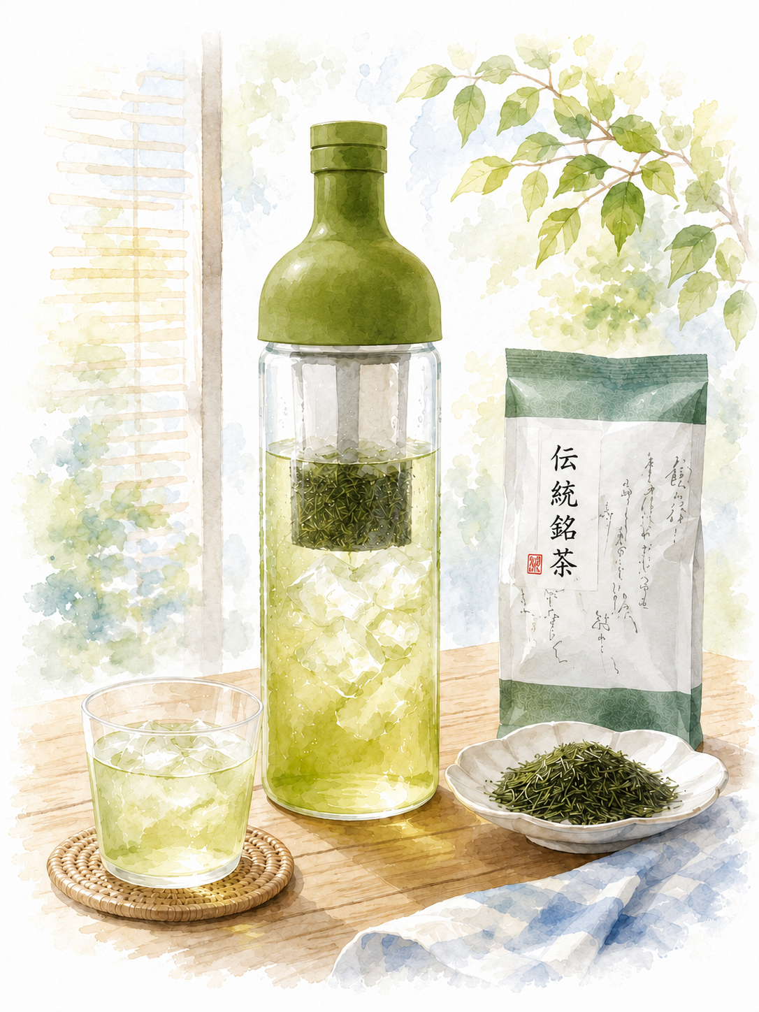 芳翠園のお茶を水出しで楽しむ涼やかな水彩イメージ