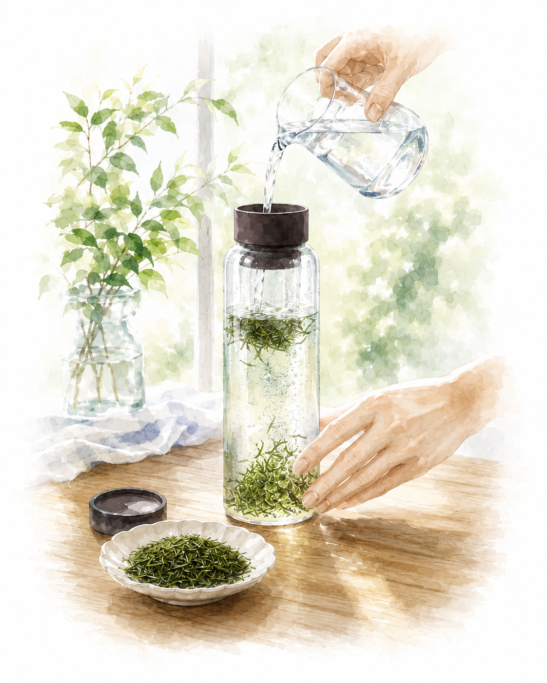 ボトルに水を注いで水出し茶を作るコツのイメージ